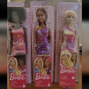 Barbie Doll in Ty Dye, Pink,And Purple Barbie Logo Print Dress. Lot Of 3 New